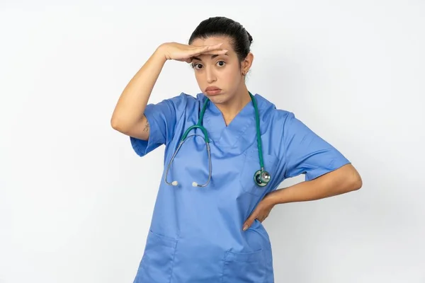 Arab Doctor Woman Wearing Blue Uniform Having Problems Worried Stressed — Stock Photo, Image
