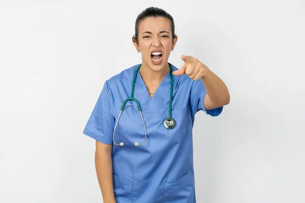 Arabische Ärztin Blauer Uniform Die Unzufrieden Und Frustriert Die Kamera — Stockfoto