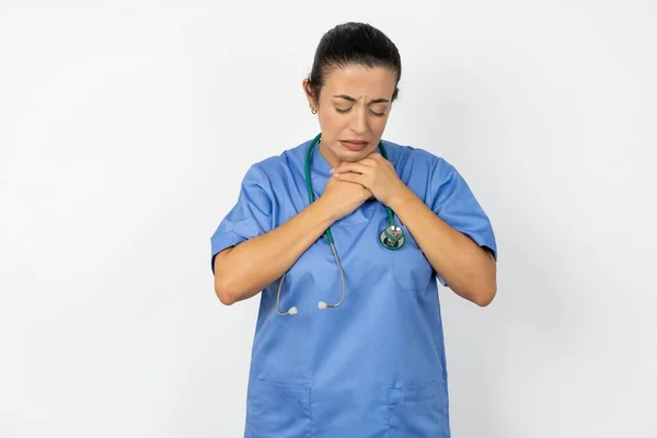 Sad Arab Doctor Woman Wearing Blue Uniform Desperate Depressed Tears — Stock Photo, Image