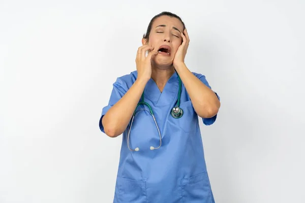 Doleful Desperate Crying Arab Doctor Woman Wearing Blue Uniform Looks — Stock Photo, Image
