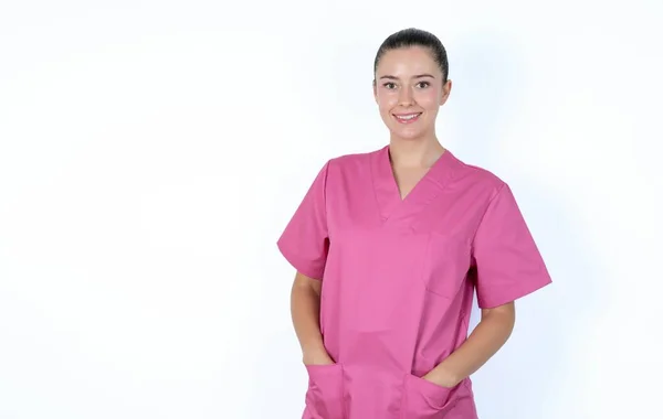 Portrait Successful Caucasian Woman Doctor Pink Uniform Smiling Broadly Self — Stock Photo, Image