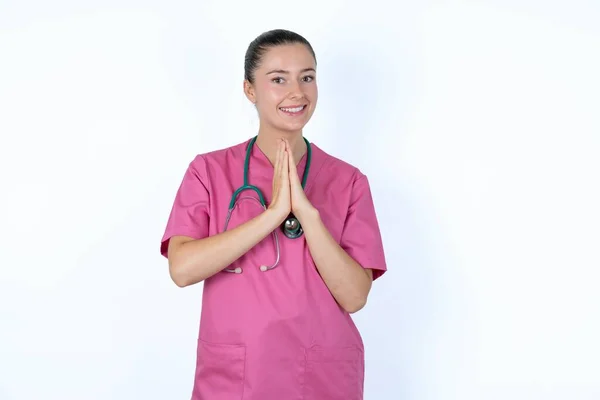 Mulher Branca Doutor Uniforme Rosa Guarda Palmas Conjunto Agradou Expressão — Fotografia de Stock