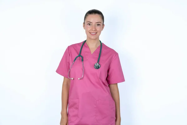 Caucasian Woman Doctor Pink Uniform Stethoscope Broad Smile Shows White — Stock Photo, Image