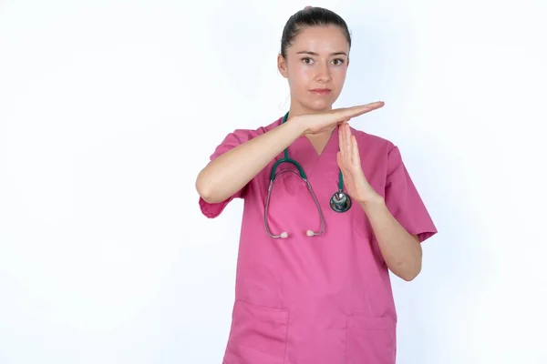 Caucasian Woman Doctor Pink Uniform Stethoscope Feels Tired Bored Making — Stock Photo, Image