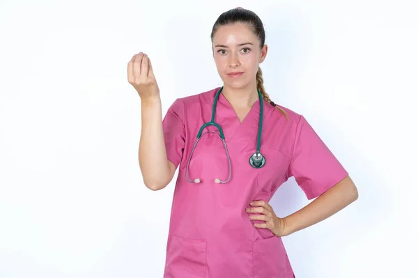 What Hell You Talking Shot Frustrated Caucasian Woman Doctor Pink — Stockfoto