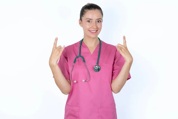 Born Rock World Joyful Caucasian Female Doctor Showing Raised Arms — Stock Photo, Image