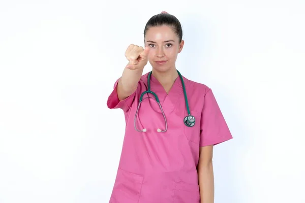 Cheerful Caucasian Female Doctor Indicates Happily You Chooses Compete Has — Stock Photo, Image