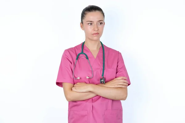 Image Upset Caucasian Female Doctor Arms Crossed Looking Disappointed Expression — Stock Photo, Image