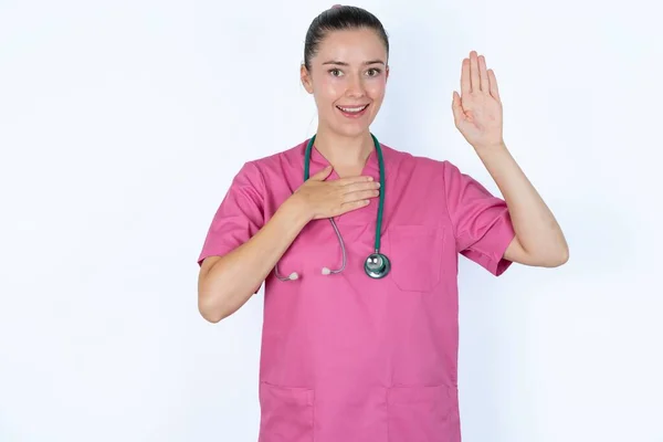 Swear Promise You Regret Portrait Caucasian Female Doctor Raising One — Stock Photo, Image