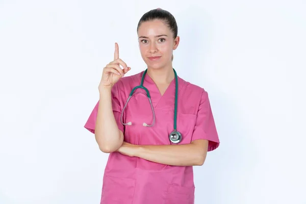 Sign Gesture Closeup Portrait Unhappy Caucasian Female Doctor Raising Fore — Stock Photo, Image