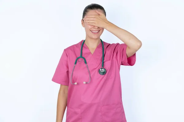 Happy Caucasian Female Doctor Closing Eyes Hand Going See Surprise — Stock Photo, Image