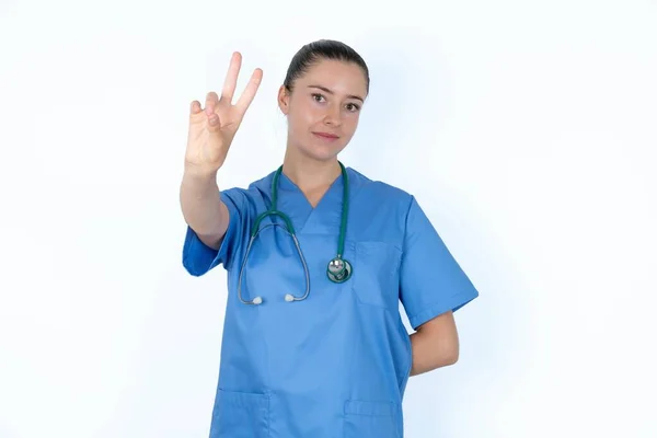 Caucasian Female Doctor Directs Fingers Camera Selects Someone Recommend You — Stock Photo, Image