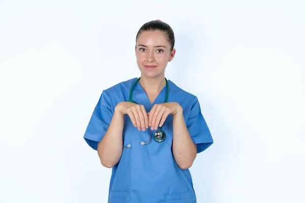 Caucasian Female Doctor Makes Bunny Paws Looks Innocent Expression Plays — Stock Photo, Image