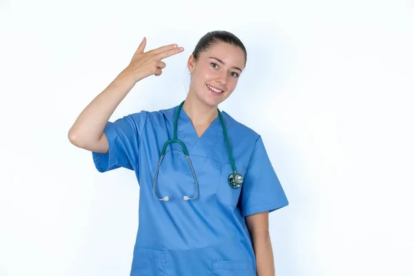 Caucasian Female Doctor Foolishness Shoots Temple Fingers Makes Suicide Gesture — Stock Photo, Image