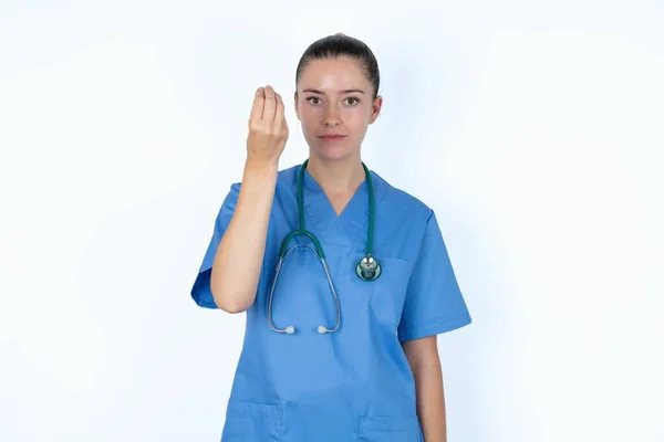 Caucasian Female Doctor Doing Italian Gesture Hand Fingers Confident Expression — Stock Photo, Image