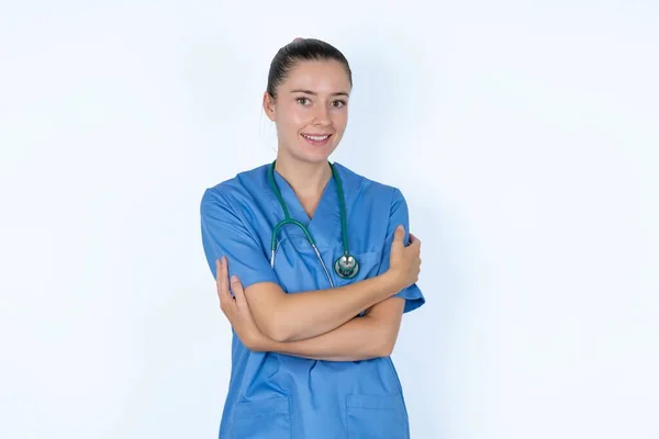 Caucasian Female Doctor Woman Embraces Own Body Pleasantly Feels Comfortable — Stock Photo, Image