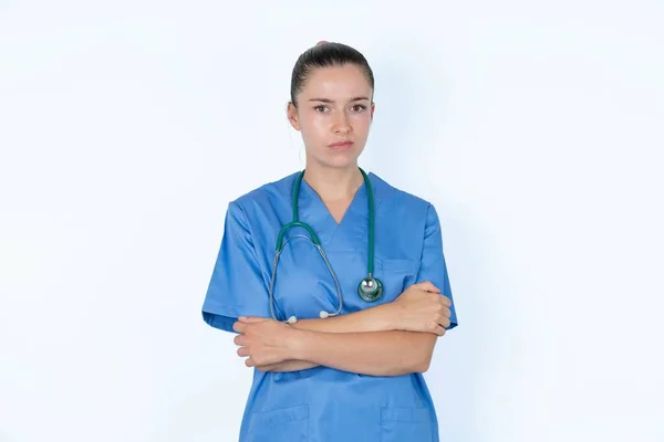 Kaukasiska Kvinna Läkare Uniform Med Stetoskop Deprimerad Och Oroa Sig — Stockfoto