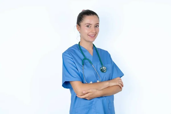 Portrait Caucasian Woman Doctor Uniform Stethoscope Standing Folded Arms Smiling — Stock Photo, Image