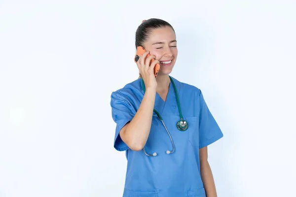 Overemotive Caucasian Woman Doctor Uniform Stethoscope Laughs Out Positively Hears — Stock Photo, Image