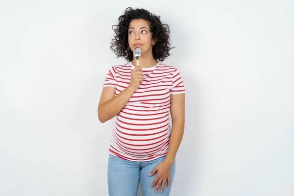 Very Hungry Pregnant Woman Holding Spoon Mouth Dream Tasty Meal — Stock Photo, Image