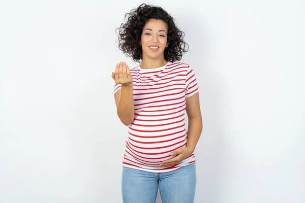 Gravid Kvinna Inbjuder Till Att Komma Med Handen Glad Att — Stockfoto