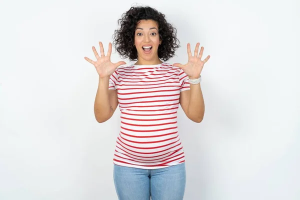 Pregnant Woman Showing Pointing Fingers Number Ten While Smiling Confident — Stock Photo, Image
