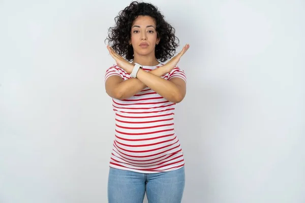 Pregnant Woman Making Rejection Expression Crossing Arms Doing Negative Sign — Stock Photo, Image