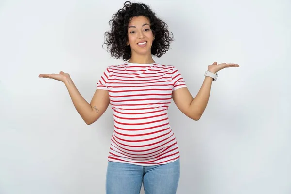 Glada Glad Glad Optimistisk Gravid Kvinna Som Håller Två Handflator — Stockfoto