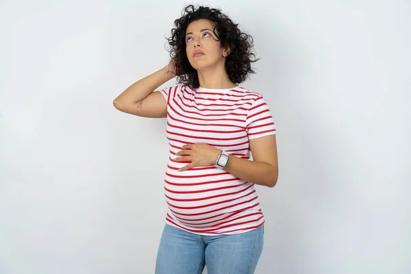 Zwangere Vrouw Verwarren Zich Afvragen Vraag Onzeker Met Twijfel Denken — Stockfoto