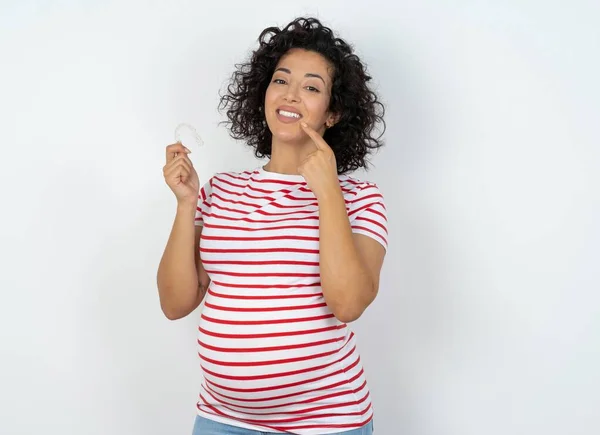 Pregnant Woman Holding Invisible Aligner Pointing Perfect Straight Teeth Dental — Stock Photo, Image