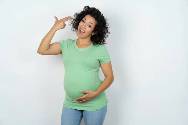 Pregnant Woman Foolishness Shoots Temple Fingers Makes Suicide Gesture Funny — Stock Photo, Image