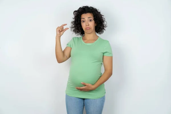Pregnant Woman Purses Lip Gestures Hand Shows Something Very Little — Stock Photo, Image