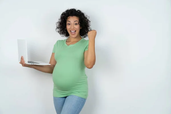 Těhotná Žena Drží Počítač Otevřenou Pusou Zvedá Pěst — Stock fotografie