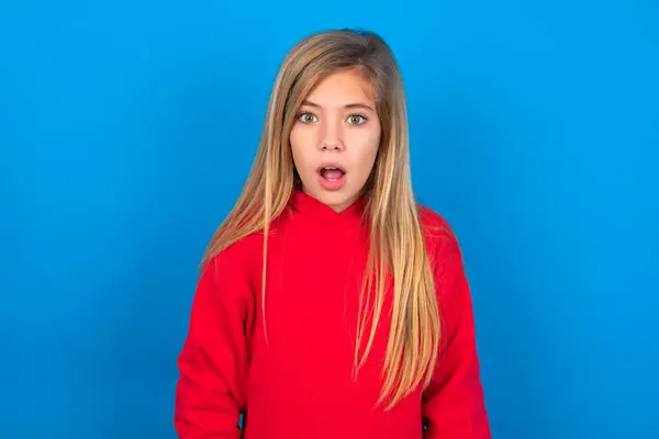 Beautiful Caucasian Teen Girl Wearing Red Sweater Blue Wall Having — Stock Photo, Image