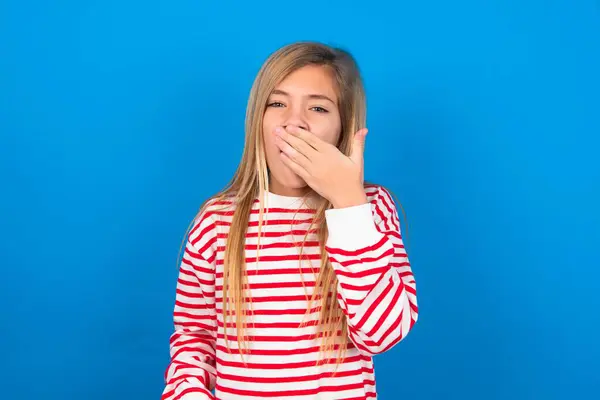 Sleepy Beautiful Caucasian Teen Girl Wearing Striped Shirt Blue Studio — Stock Photo, Image