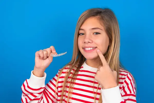 Beautiful Caucasian Teen Girl Wearing Striped Shirt Blue Studio Background — Stock Photo, Image
