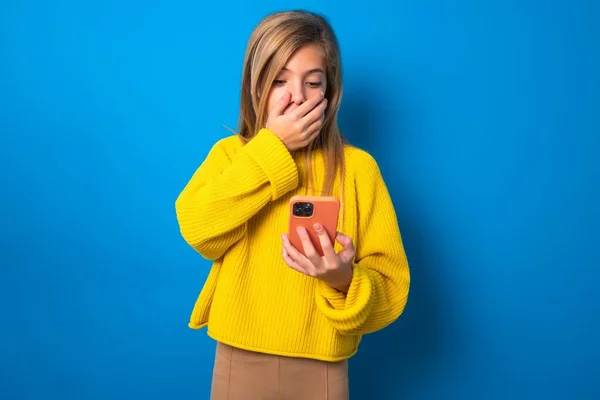 Beautiful Blonde Teen Girl Wearing Yellow Sweater Blue Wall Being — Stock Photo, Image