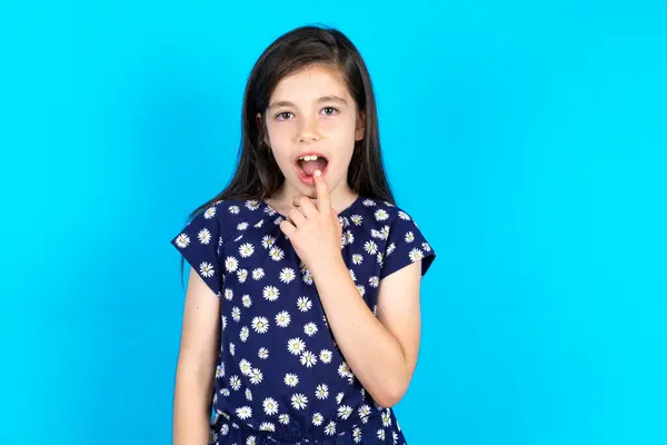Nervous Puzzled Beautiful Kid Girl Wearing Dress Blue Background Opens — Stock Photo, Image