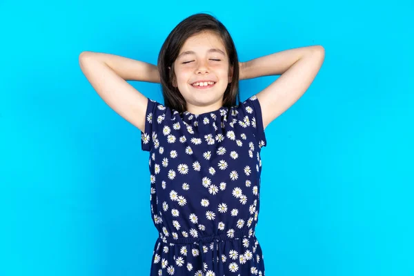 Close Portrait Beautiful Kid Girl Wearing Dress Blue Background Who — Stock Photo, Image