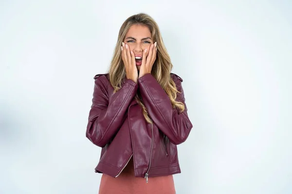 Doleful Desperate Crying Young Caucasian Woman Wearing Leather Jacket Looks — Stock Photo, Image