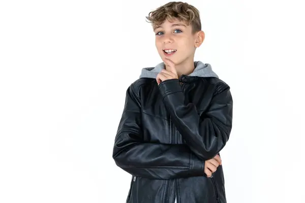 Handsome Caucasian Teenager Boy White Studio Background Laughs Happily Keeps — Stock Photo, Image