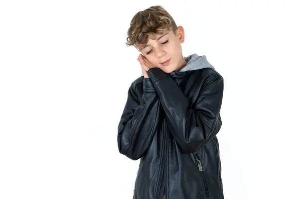 Handsome Caucasian Teenager Boy White Studio Background Leans Pressed Palms — Stock Photo, Image