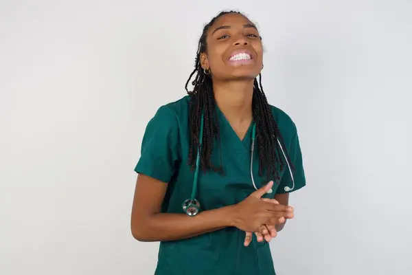 Young Successful African American Doctor Woman Standing Grey Wall Feeling — Stock Photo, Image