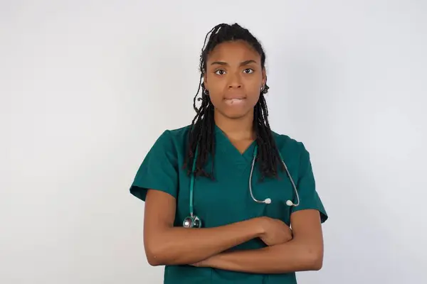 Isolated Portrait Stylish Young African American Doctor Woman Biting Her — Stock Photo, Image