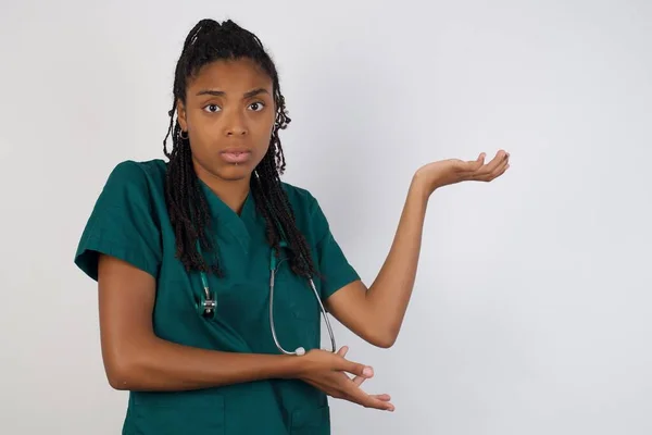 Beautiful African American Doctor Girl Pointing Aside Both Hands Showing — Stock Photo, Image