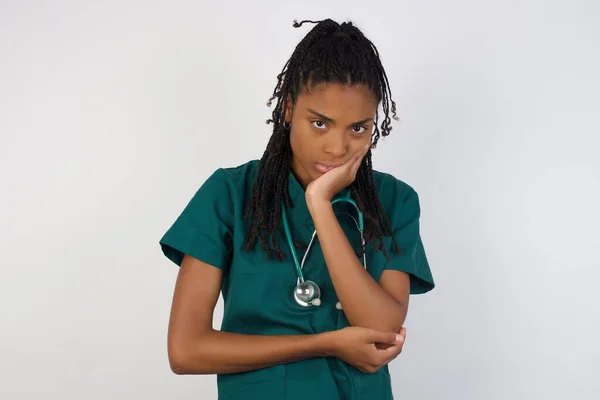 Gloomy Young Sad African American Doctor Woman Sighing Upset Stoop — Stock Photo, Image