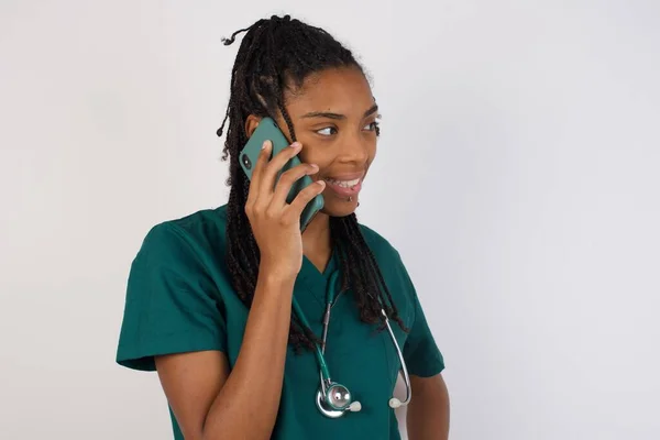 Lifestyle Concept Portrait Beautiful Joyful African American Doctor Woman Talking — Stock Photo, Image