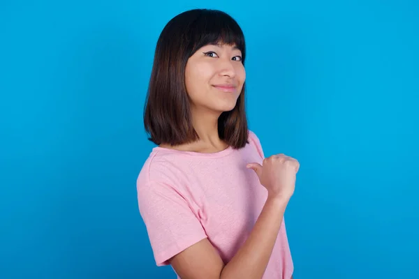 Closeup Cheerful Young Asian Woman Wearing Shirt Blue Background Looks — Stock Photo, Image