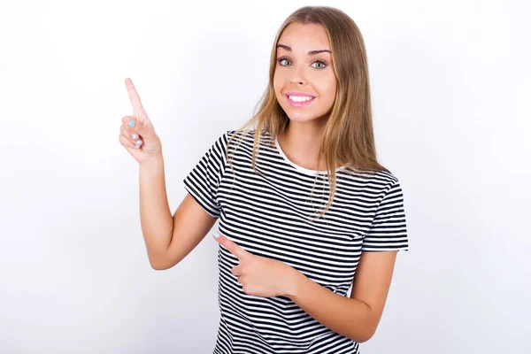 Beautiful Blonde Girl Wearing Striped Shirt White Background Points Copy — Stock Photo, Image