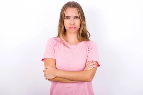 Gloomy Dissatisfied Young Caucasian Girl Wearing Pink Shirt White Background — Stock Photo, Image